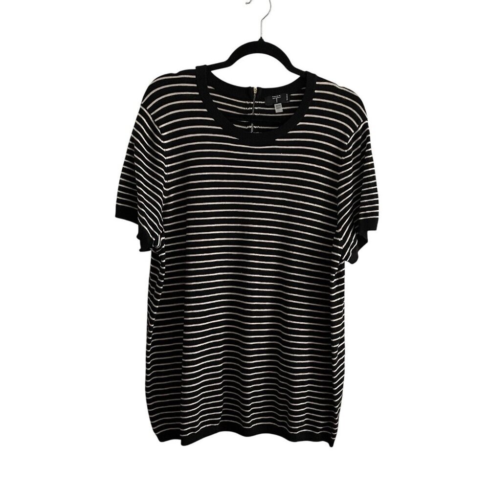 Tahari Women Plus SZ 2X Black/Tan Striped Short Sleeve Zipper Back Neck Sweater